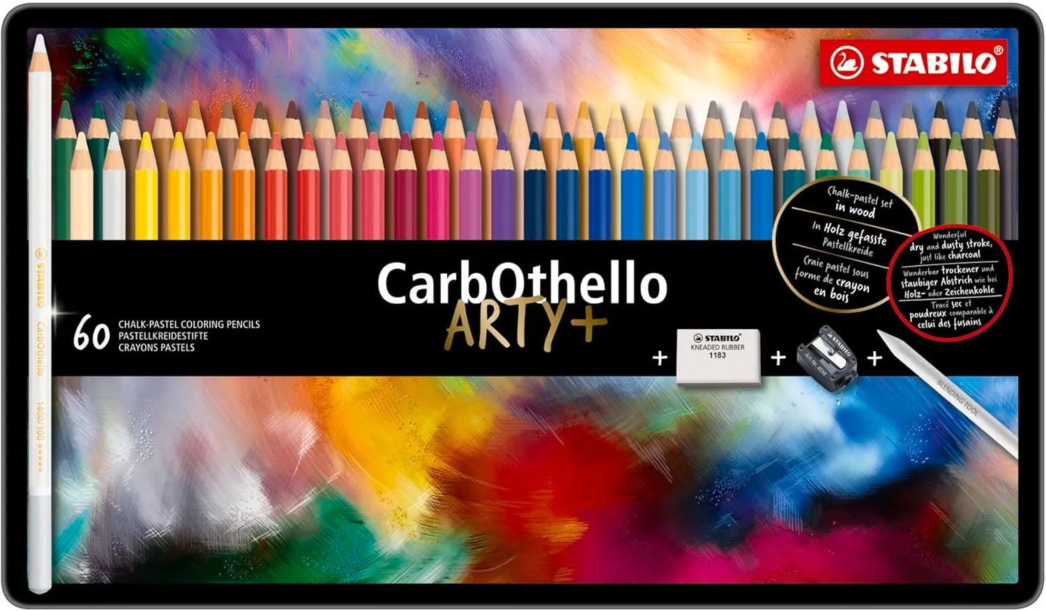 STABILO Chalk-Pastel Artist Colored Pencil CarbOthello ARTY Tin Set of 60, Eraser, Sharpener, Blender - Watercolor Effects