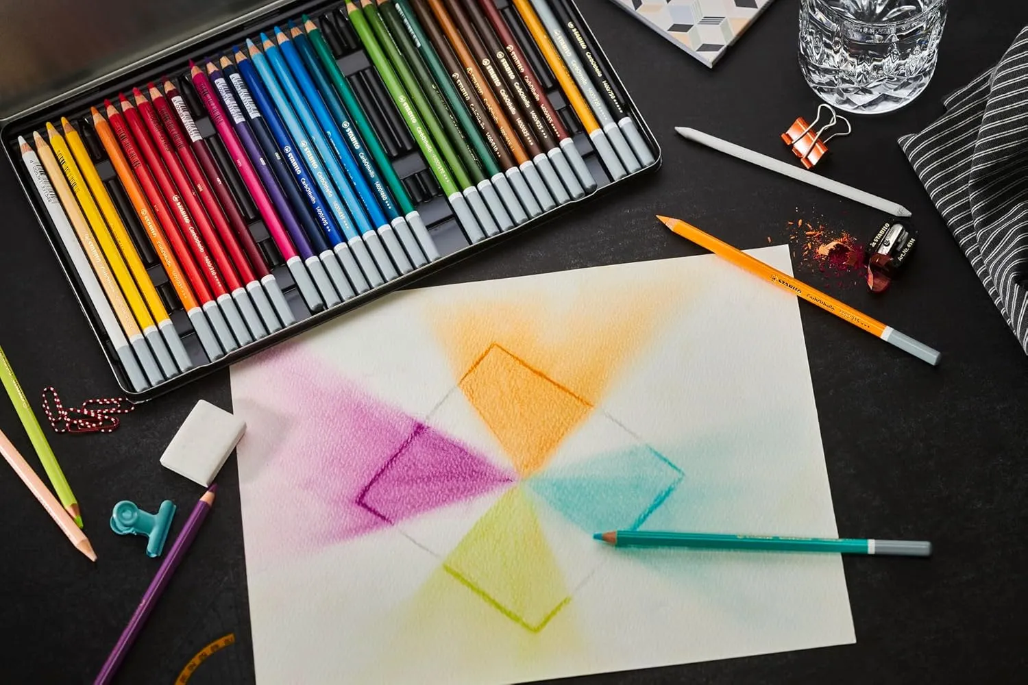 STABILO Chalk-Pastel Artist Colored Pencil CarbOthello ARTY Tin Set of 60, Eraser, Sharpener, Blender - Watercolor Effects