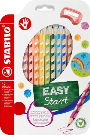 STABILO Ergonomic Coloring Pencil EASYcolors - Right-Handed - Pack of 12 - Assorted Colors with Sharpener