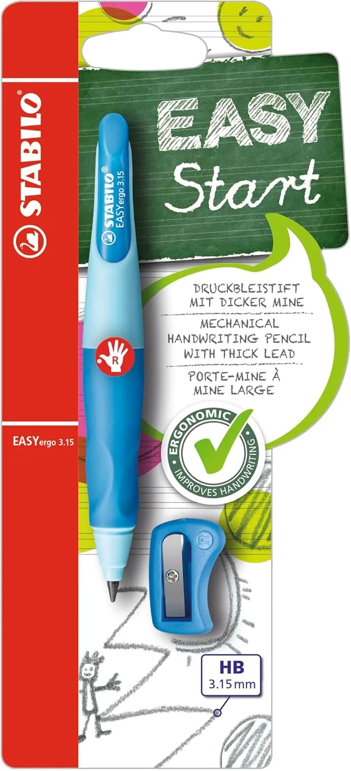 STABILO Ergonomic Mechanical Pencil EASYergo 3.15 - Right-Handed - Light Blue/Dark Blue   Sharpener