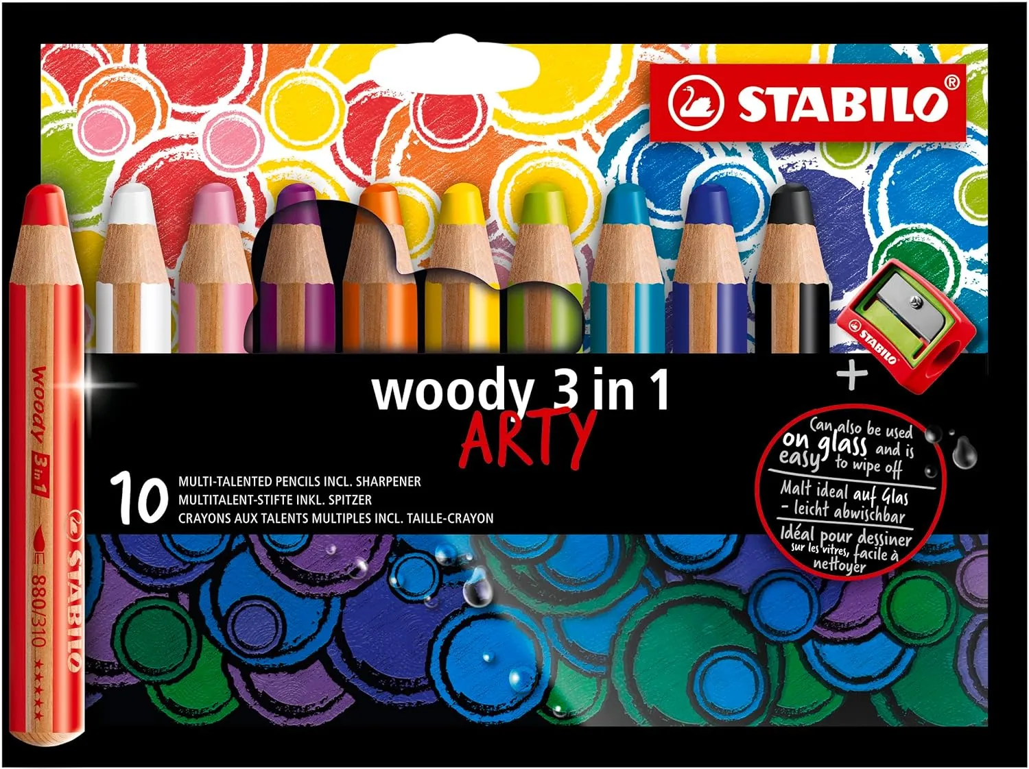 STABILO Multi-Talented Pencil woody 3 in 1 ARTY - Pack of 10 - Assorted Colors with Sharpener