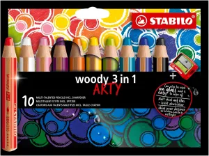 STABILO Multi-Talented Pencil woody 3 in 1 ARTY - Pack of 10 - Assorted Colors with Sharpener