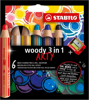 STABILO Multi-Talented Pencil woody 3 in 1 ARTY - Pack of 6 - Assorted Colors with Sharpener