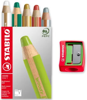 STABILO Multi-talented Pencil woody 3-in-1 - Box of 5 - Red, Dark Green, White, Silver & Gold   Sharpener