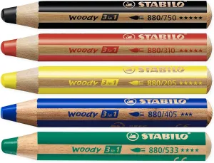 STABILO Multi-talented Pencil woody 3-in-1 - Box of 5 - Red, Yellow, Dark Green, Blue, & Black   Sharpener