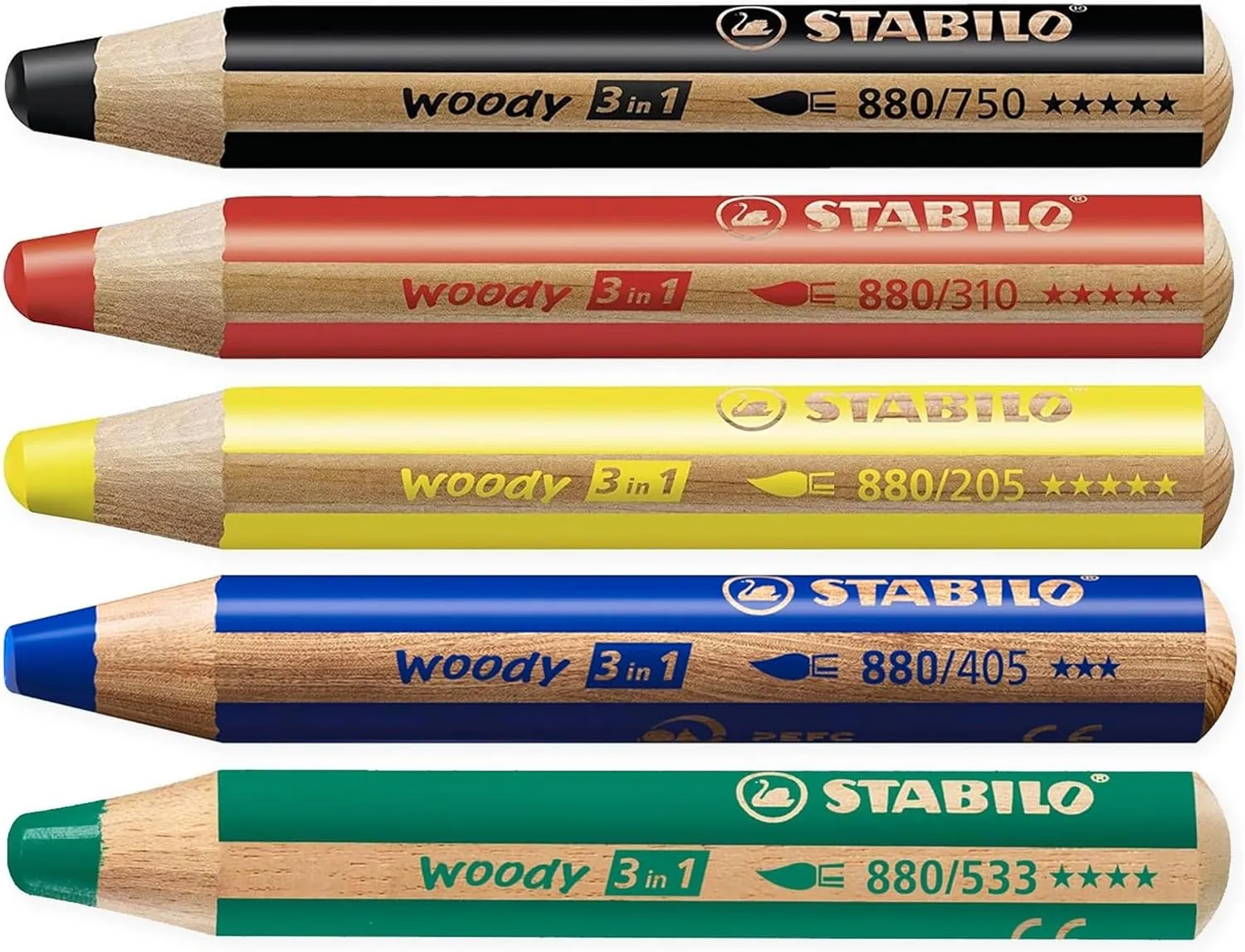 STABILO Multi-talented Pencil woody 3-in-1 - Box of 5 - Red, Yellow, Dark Green, Blue, & Black   Sharpener