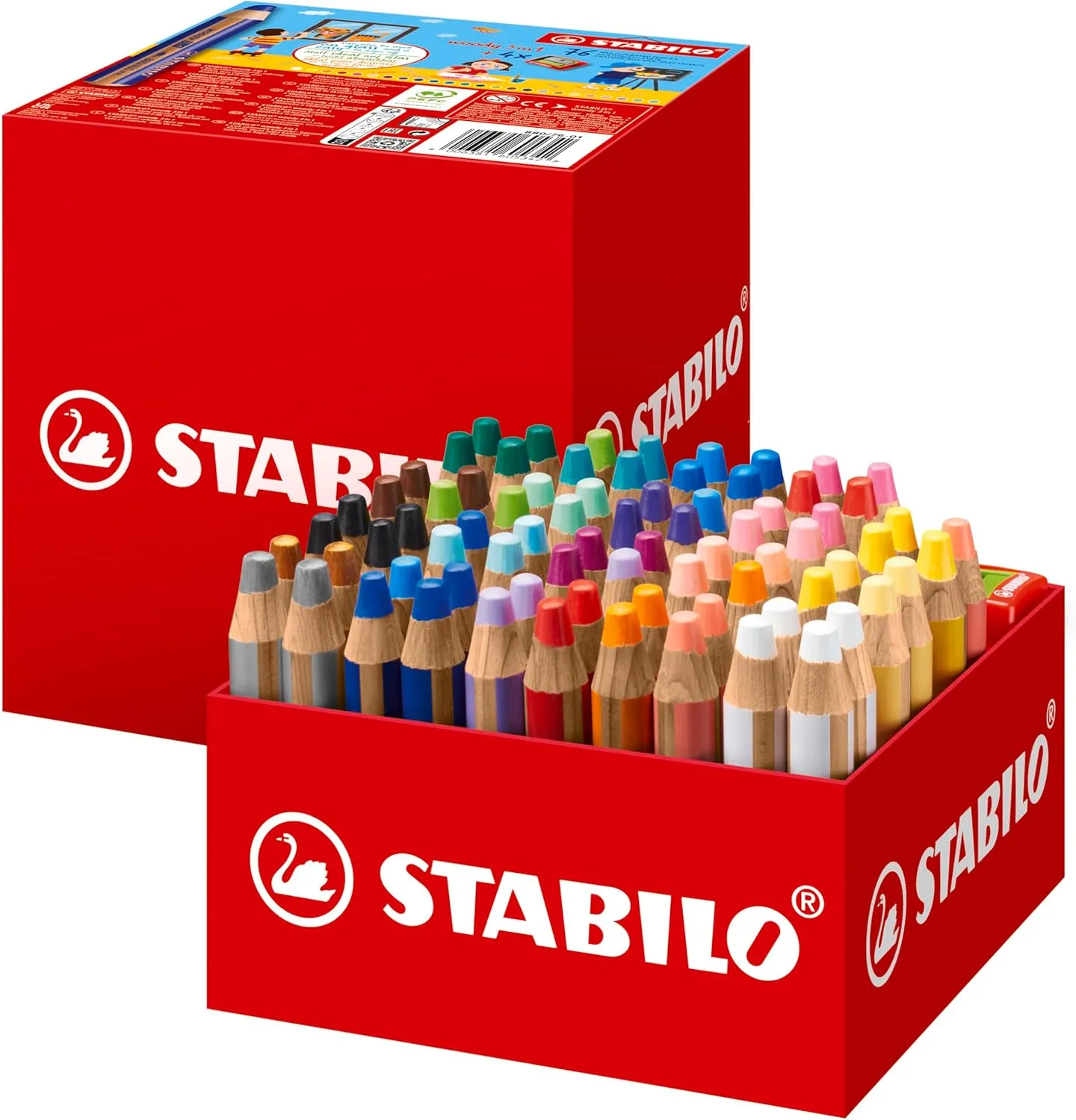 STABILO Multi-Talented Pencil woody 3 in 1 - Classpack of 76 - Assorted Colours with 4 Sharpeners