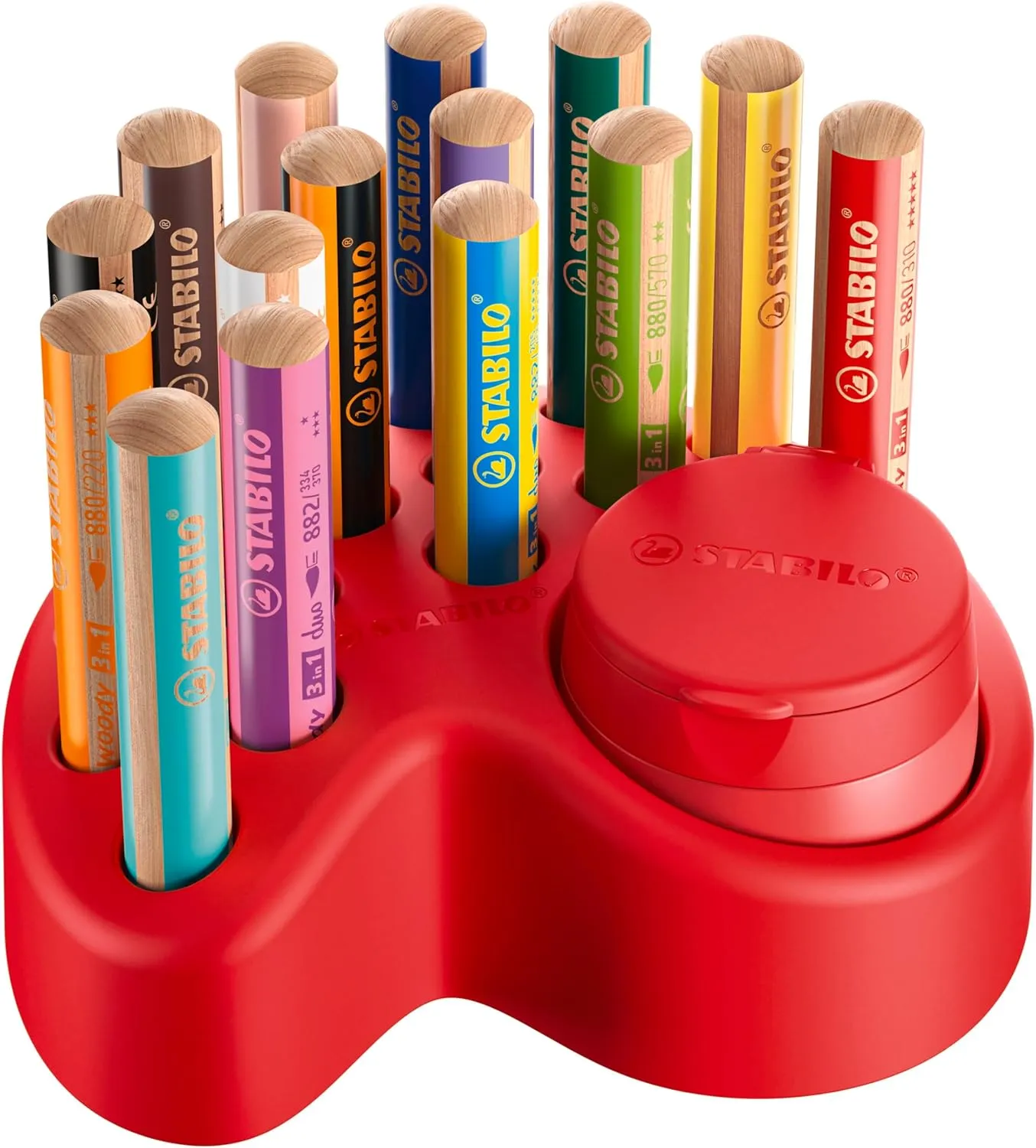 STABILO Multi-Talented Pencil woody 3 in 1 - Deskset of 15-10 x woody, 2 x woody Pastel, 3 x woody duo with Sharpener