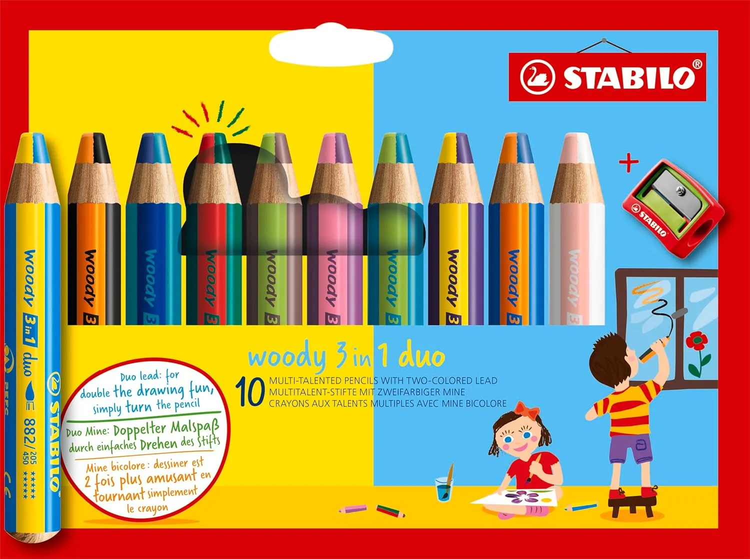 STABILO Multi-Talented Pencil woody 3 in 1 duo - Pack of 10 - Assorted Colors with Sharpener