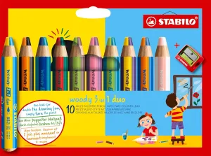STABILO Multi-Talented Pencil woody 3 in 1 duo - Pack of 10 - Assorted Colors with Sharpener