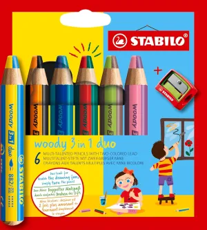 STABILO Multi-Talented Pencil woody 3 in 1 duo - Pack of 6 - Assorted Colors with Sharpener