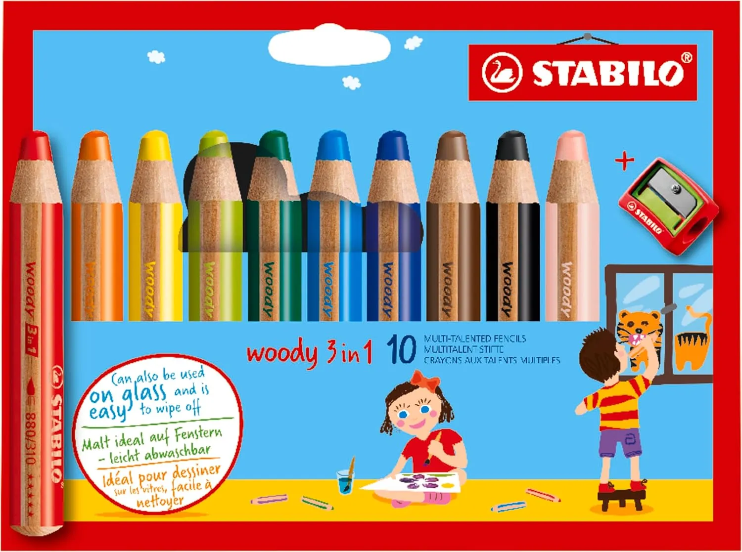STABILO Multi-Talented Pencil woody 3 in 1 - Pack of 10 - Assorted Colors with Sharpener