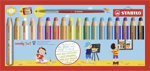 STABILO Multi-Talented Pencil woody 3 in 1 - Pack of 18 - Assorted Colors with Sharpener and Paint Brush