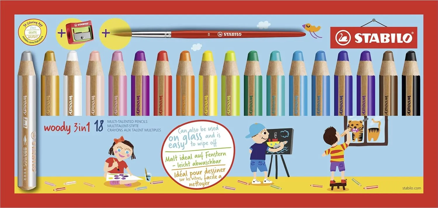 STABILO Multi-Talented Pencil woody 3 in 1 - Pack of 18 - Assorted Colors with Sharpener and Paint Brush
