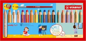 STABILO Multi-Talented Pencil woody 3 in 1 - Pack of 18 - Assorted Standard and Pastel Colors with Sharpener and Paint Brush