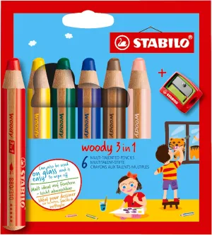 STABILO Multi-Talented Pencil woody 3 in 1 - Pack of 6 - Assorted Colors with Sharpener