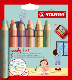 STABILO Multi-Talented Pencil woody 3 in 1 - Pack of 6 - Assorted Pastel Colors with Sharpener