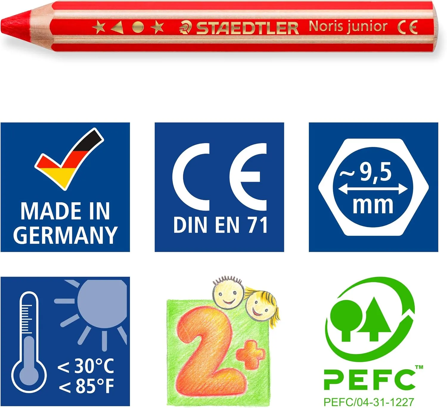 STAEDTLER 140 C6 Noris Junior 3-in-1 Colouring Pencils for Toddlers Aged 3  - Assorted Colours (Pack of 6)