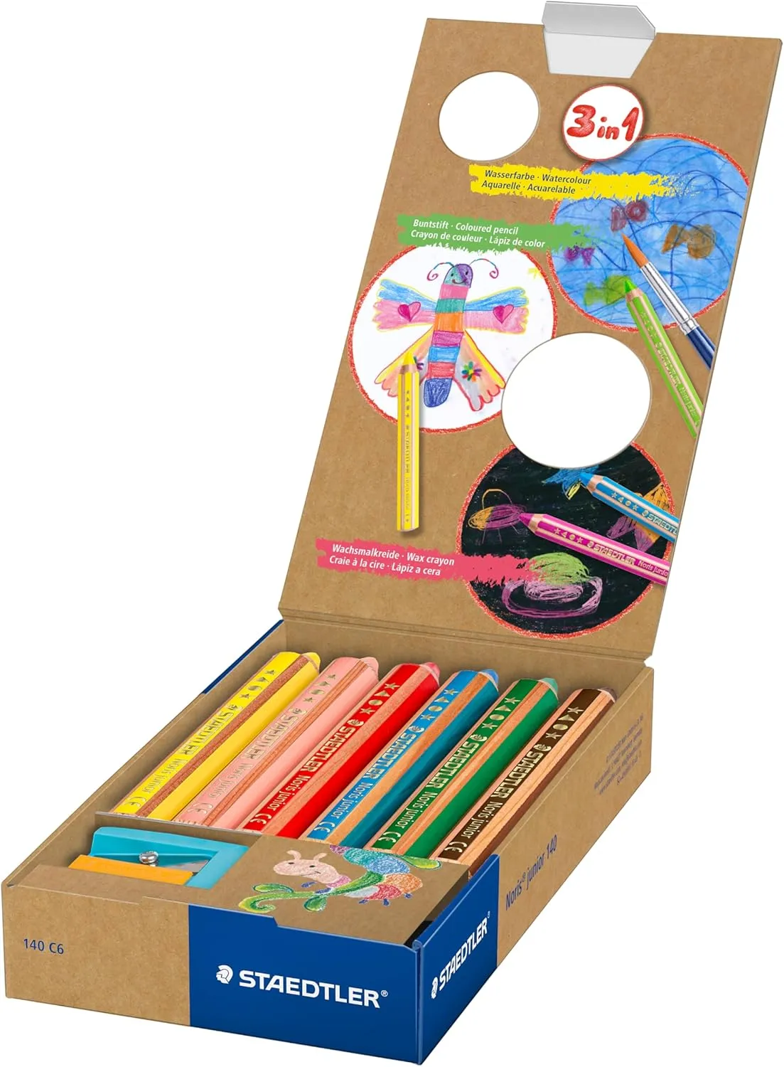 STAEDTLER 140 C6 Noris Junior 3-in-1 Colouring Pencils for Toddlers Aged 3  - Assorted Colours (Pack of 6)