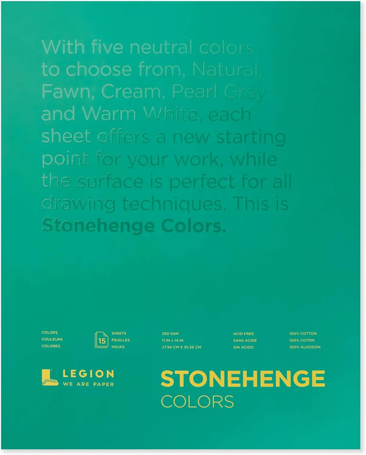 Stonehenge 100% Cotton Medium Weight Pad, Multi-Color (Warm White, Natural, Cream, Fawn, Pearl Grey), 11 x 14 inches, 250gsm, 15 Sheets for Dry Media