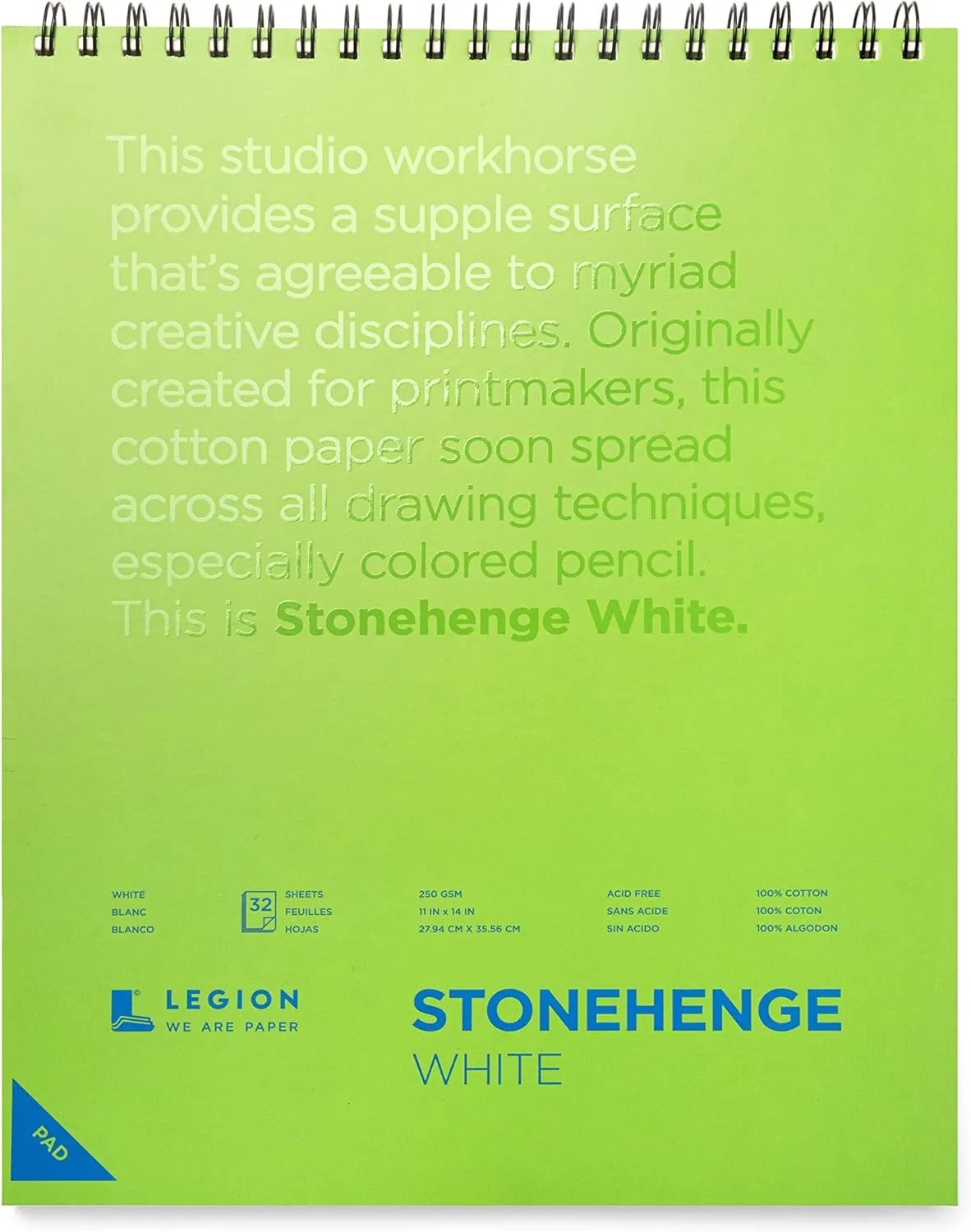 Stonehenge 100% Cotton Medium Weight Spiral Journal, White, 11 x 14 inches, 250gsm, 32 Sheets for Dry Media