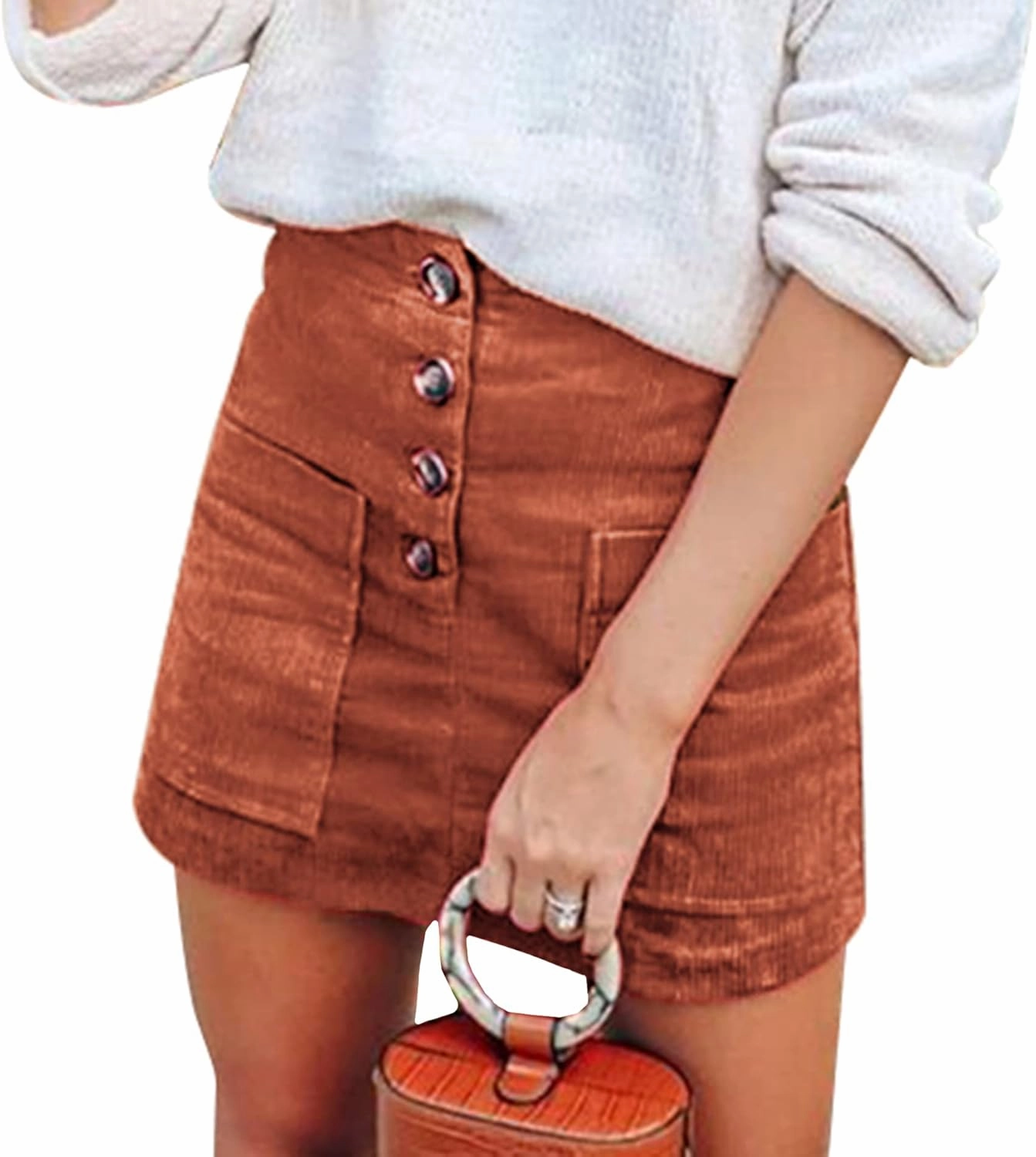 Susupeng Women High Waist Soft Faux Suede Button Down Skirt Slim Back Zip Side Pocket Mini Skirts