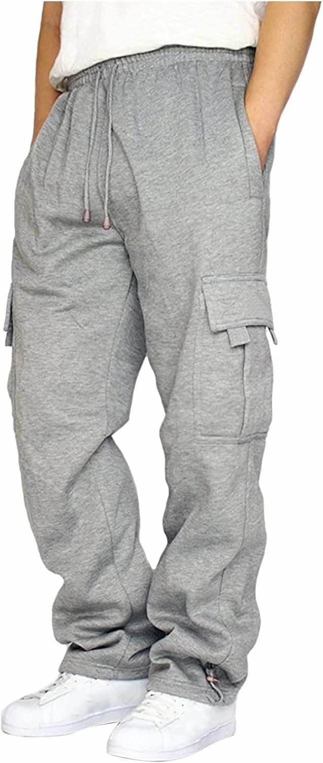 symoid Men's Fleece Cargo Sweatpants Open Bottom Drawstring Baggy Joggers Loose Fit Tech Athletic Workout Gym Pants