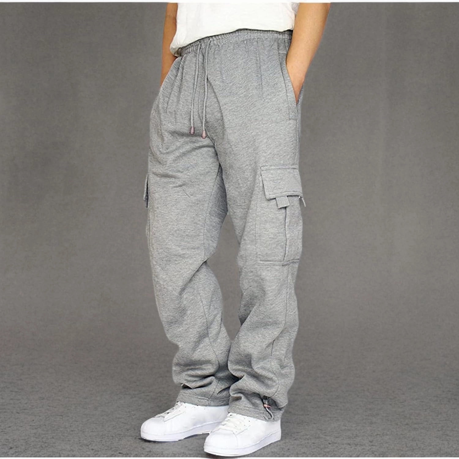 symoid Men's Fleece Cargo Sweatpants Open Bottom Drawstring Baggy Joggers Loose Fit Tech Athletic Workout Gym Pants