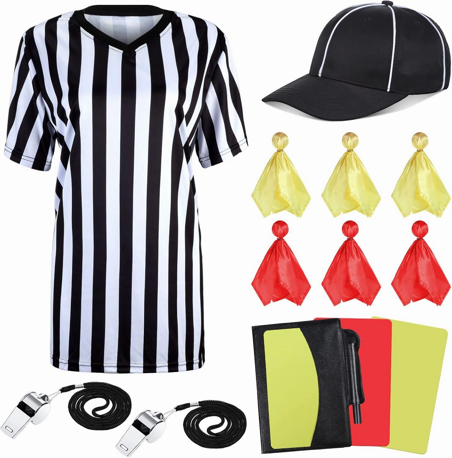 Tarpop 11 Pcs Women's Referee Costume Set Shirt Short Sleeve Referee Hat Whistle Penalty Flag Cards Scorebook Cosplay