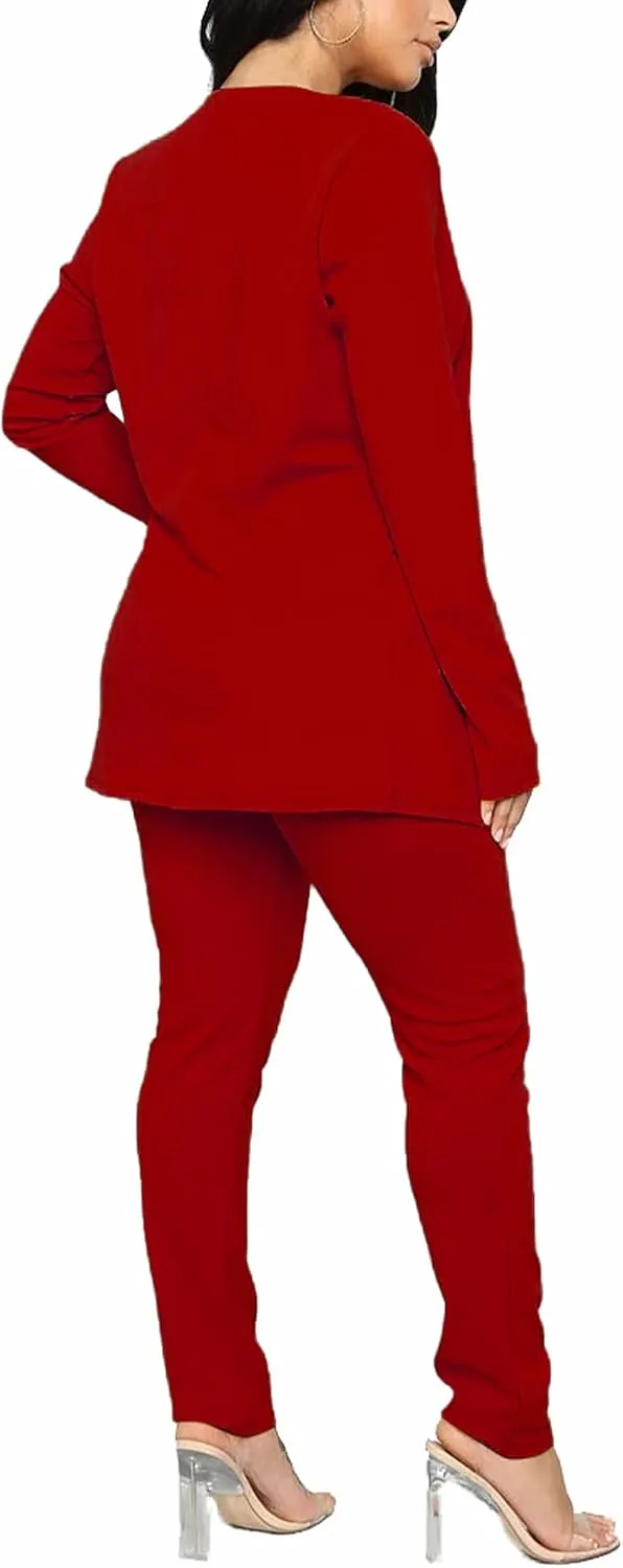 Tcremisa Women's Casual Pants Suit 2 Piece Business Outfits Solid Long Sleeve Blazer and Pencil Pant Sets