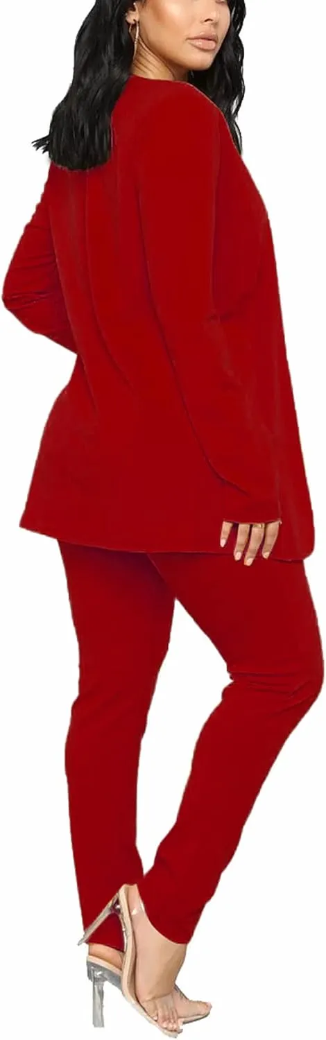 Tcremisa Women's Casual Pants Suit 2 Piece Business Outfits Solid Long Sleeve Blazer and Pencil Pant Sets