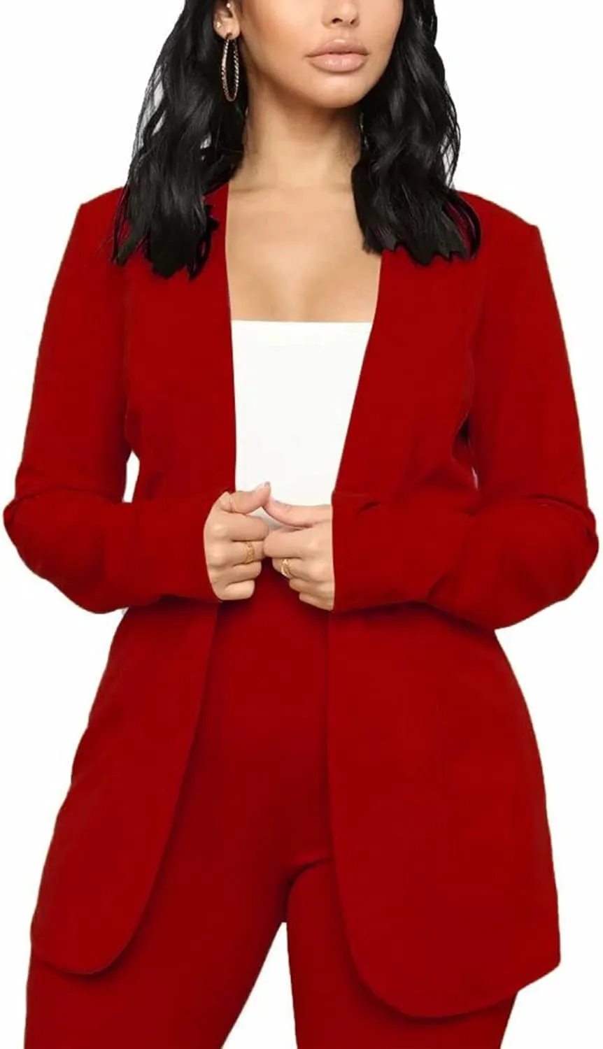 Tcremisa Women's Casual Pants Suit 2 Piece Business Outfits Solid Long Sleeve Blazer and Pencil Pant Sets