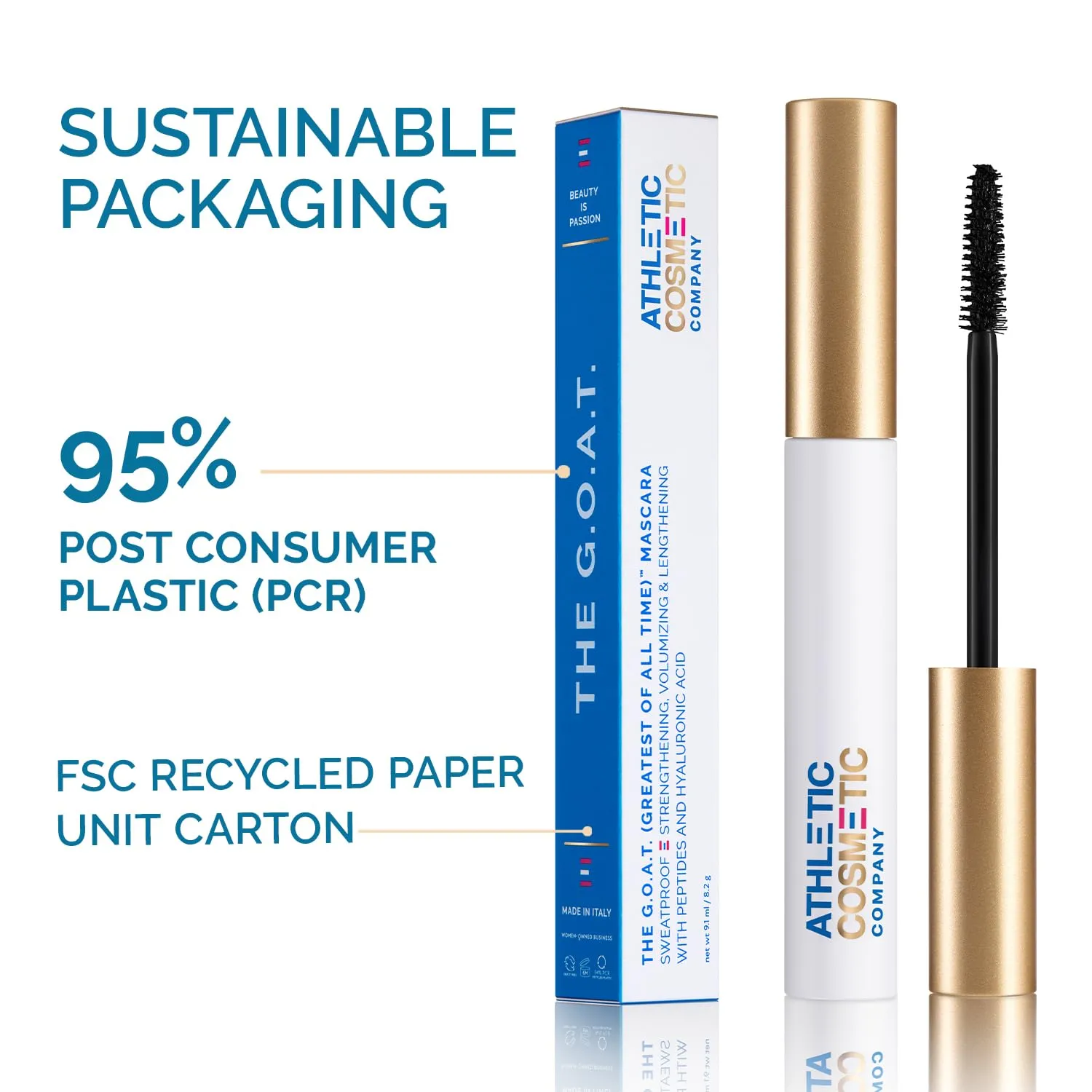 The G.O.A.T Waterproof Mascara - Clean, Nontoxic, Vegan, Smudge Proof, Sweatproof, Sustainable, Infuse lashes with Peptides & Hyaluronic Acid, Volumizing & Amplifying