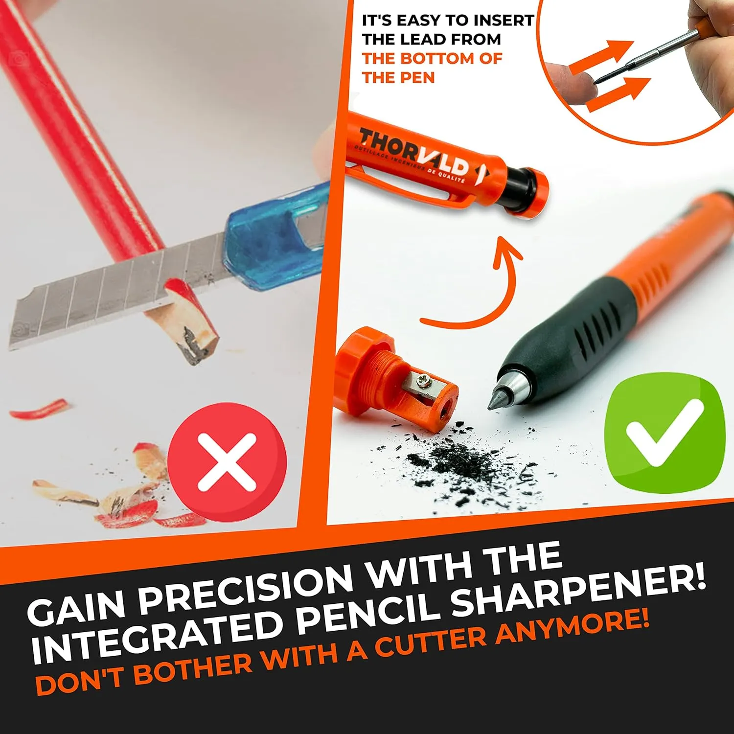 THORVALD New 2-in-1 Carpenter Pencils with Finger Grip for Carpenter (Incl. 7 Leads   Sharpener) Solid Mechanical Pencils with Fine Point/Best Marking tools Construction/Carpenters/Scriber