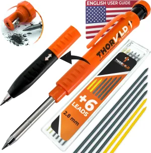 THORVALD New 2-in-1 Carpenter Pencils with Finger Grip for Carpenter (Incl. 7 Leads   Sharpener) Solid Mechanical Pencils with Fine Point/Best Marking tools Construction/Carpenters/Scriber