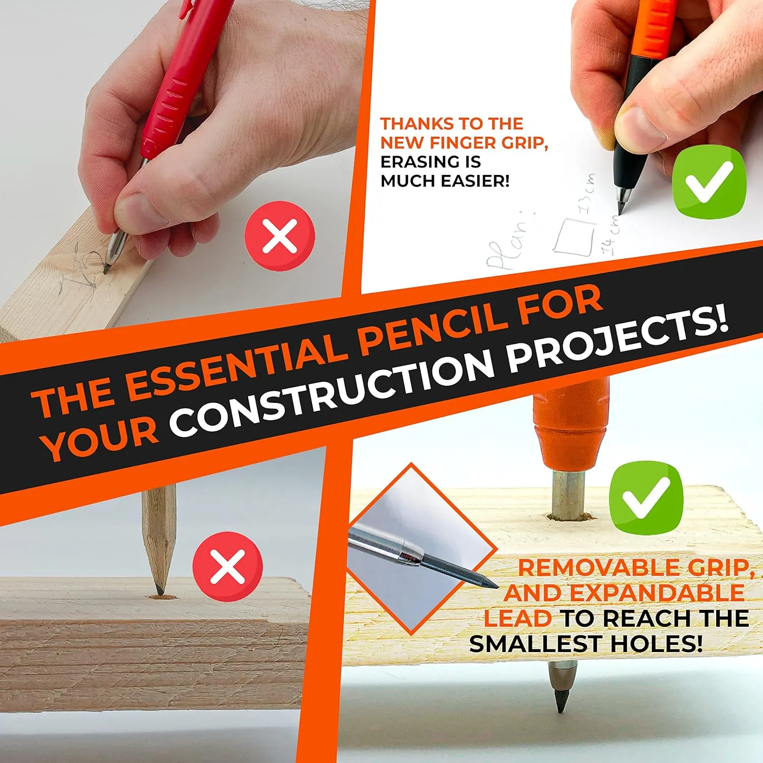 THORVALD New 2-in-1 Carpenter Pencils with Finger Grip for Carpenter (Incl. 7 Leads   Sharpener) Solid Mechanical Pencils with Fine Point/Best Marking tools Construction/Carpenters/Scriber