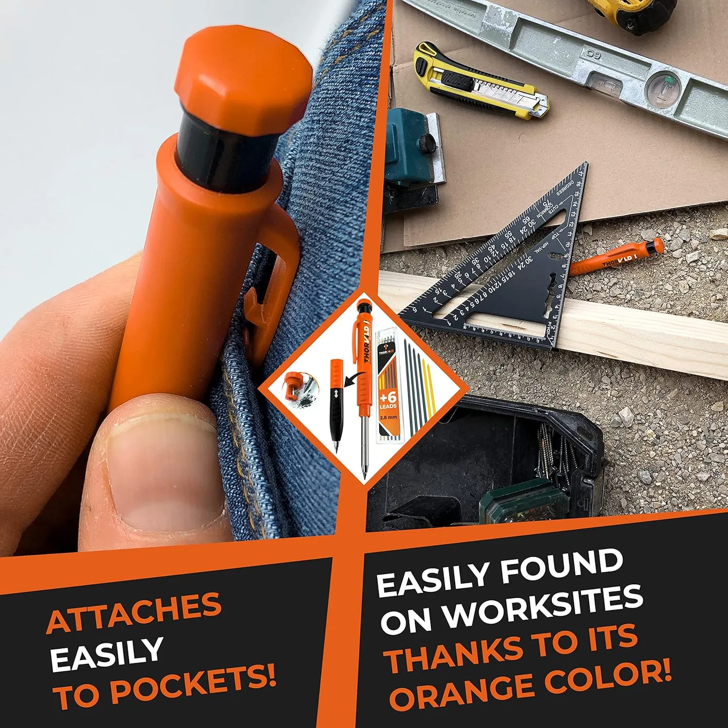 THORVALD New 2-in-1 Carpenter Pencils with Finger Grip for Carpenter (Incl. 7 Leads   Sharpener) Solid Mechanical Pencils with Fine Point/Best Marking tools Construction/Carpenters/Scriber