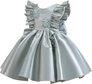 Toddler Baby Flower Girls Fultter Sleeve Satin A-Line Dress Princess Pageant Wedding Birthday Party Gown for 0-6 Years