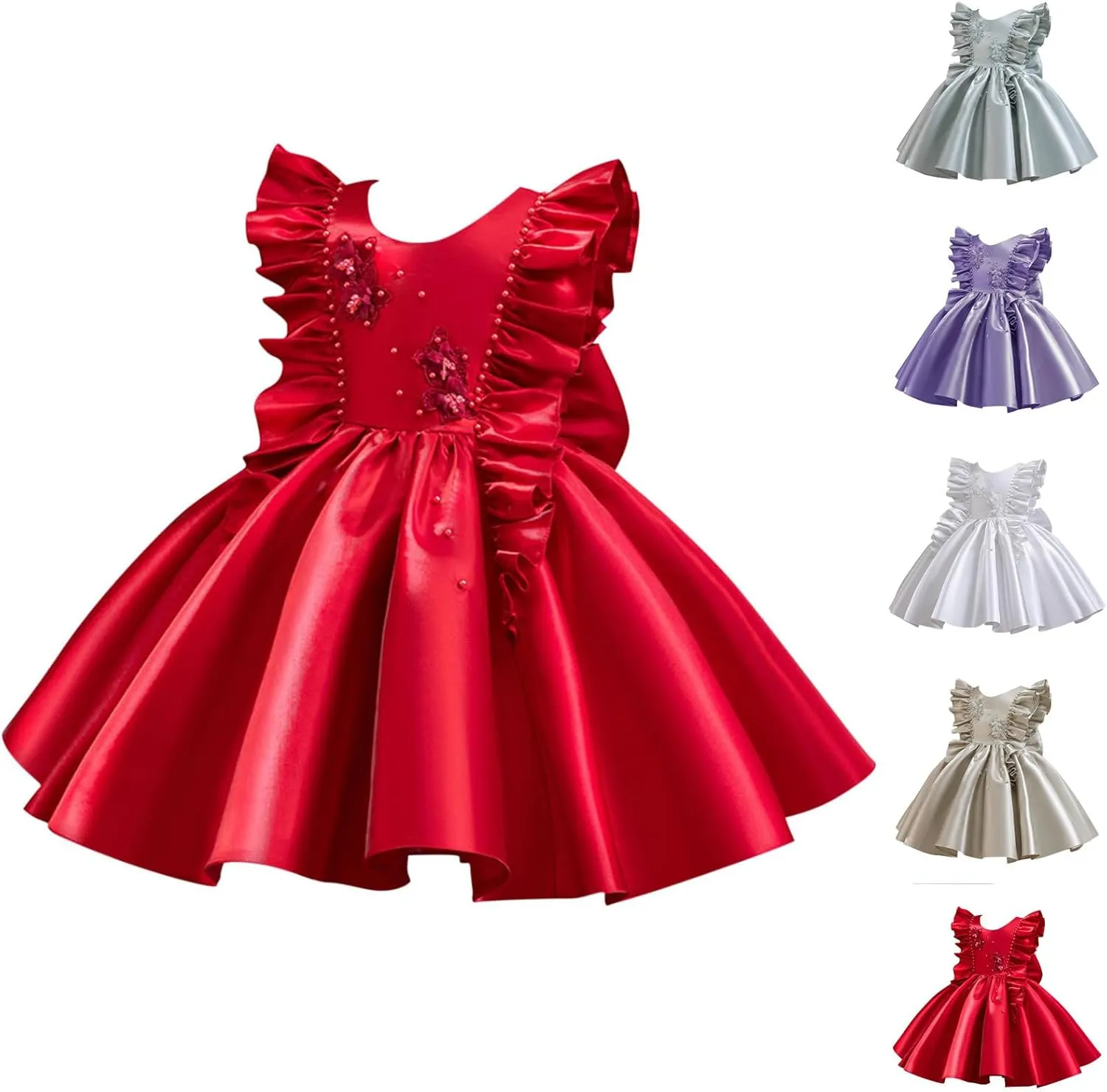 Toddler Baby Flower Girls Fultter Sleeve Satin A-Line Dress Princess Pageant Wedding Birthday Party Gown for 0-6 Years