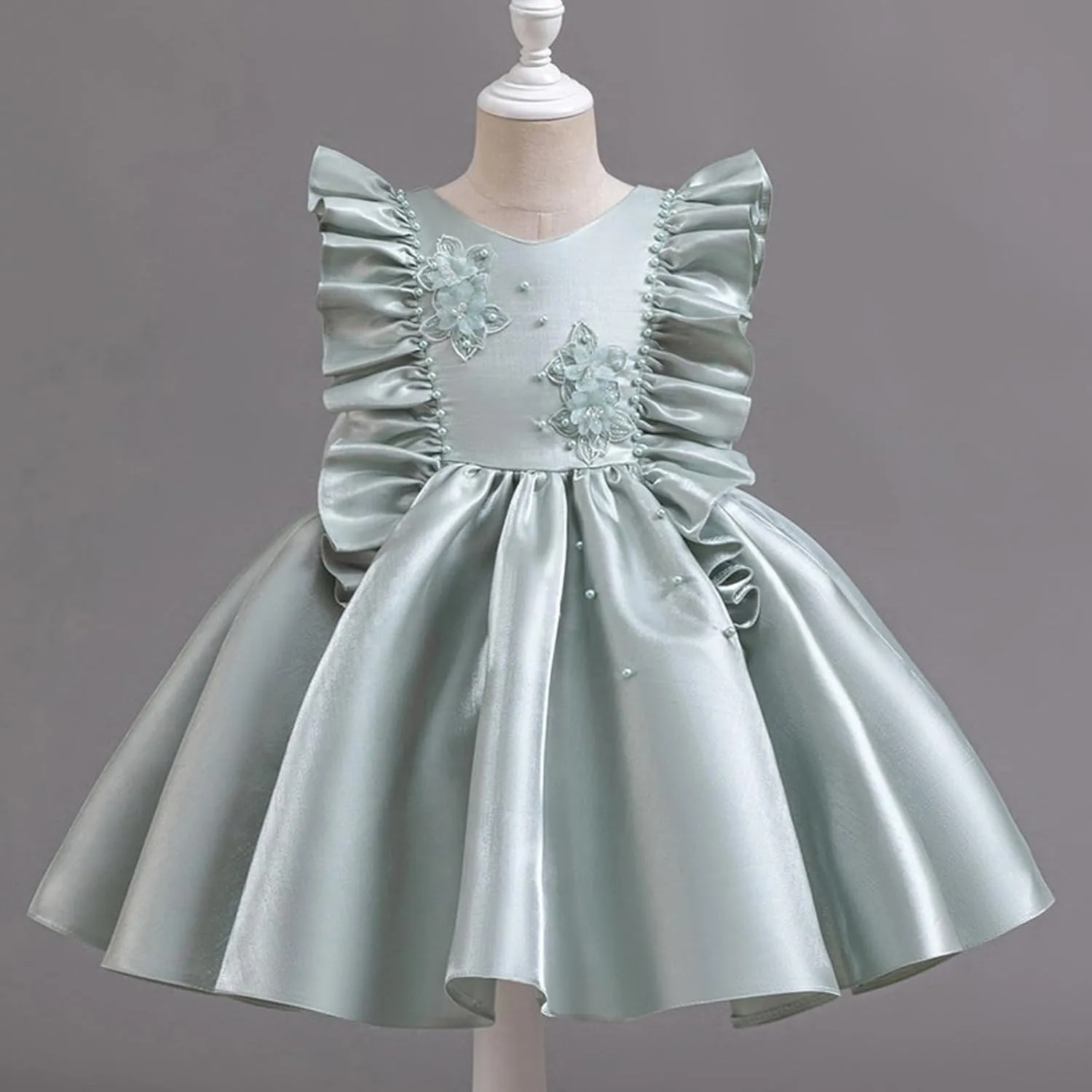 Toddler Baby Flower Girls Fultter Sleeve Satin A-Line Dress Princess Pageant Wedding Birthday Party Gown for 0-6 Years
