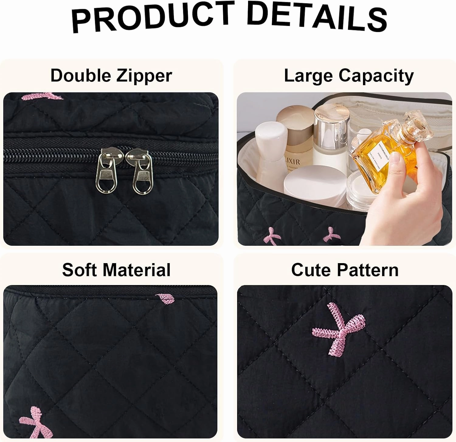 Travel Makeup Bags, Cute Bow Cosmetic Organizer Bag, 4-Set Large Capacity Make up Bag Quilted Toiletry Bag for Women Girls