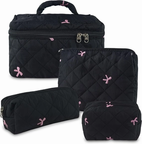 Travel Makeup Bags, Cute Bow Cosmetic Organizer Bag, 4-Set Large Capacity Make up Bag Quilted Toiletry Bag for Women Girls