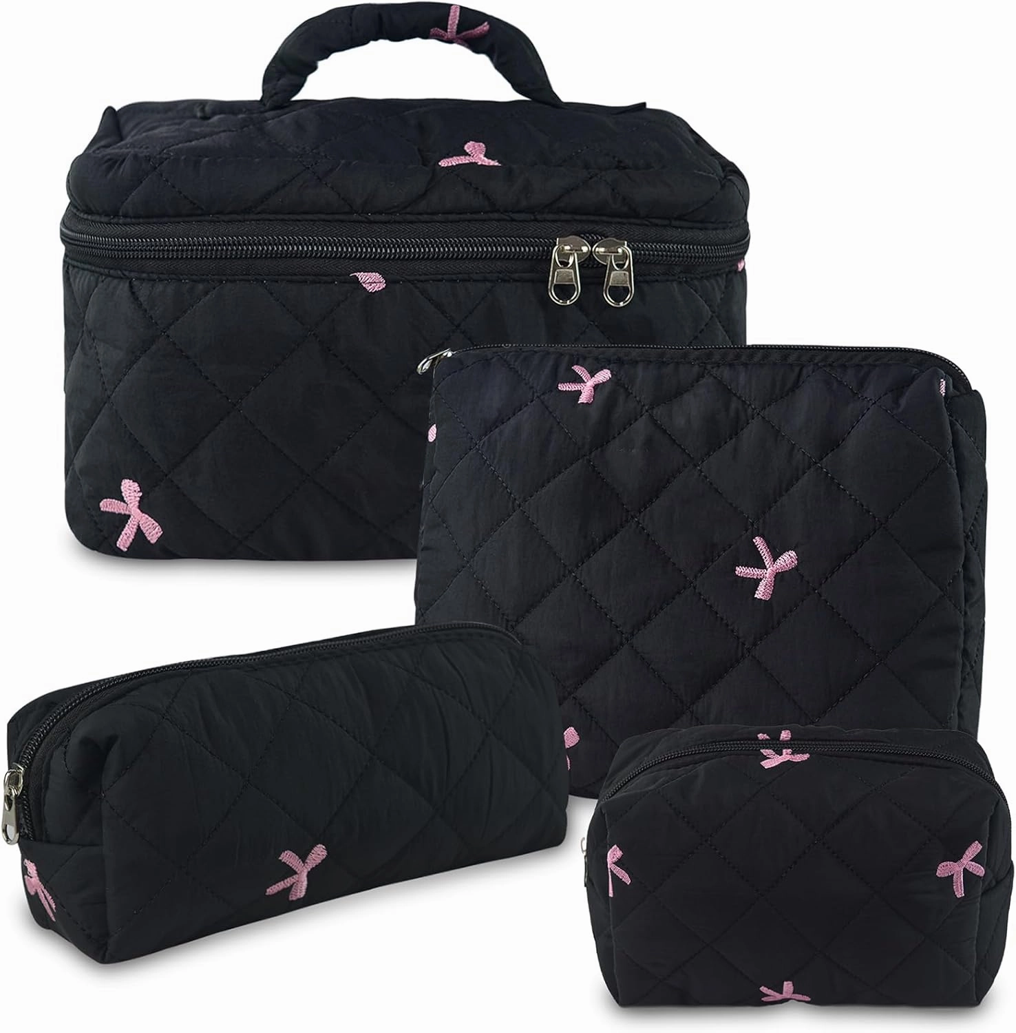 Travel Makeup Bags, Cute Bow Cosmetic Organizer Bag, 4-Set Large Capacity Make up Bag Quilted Toiletry Bag for Women Girls