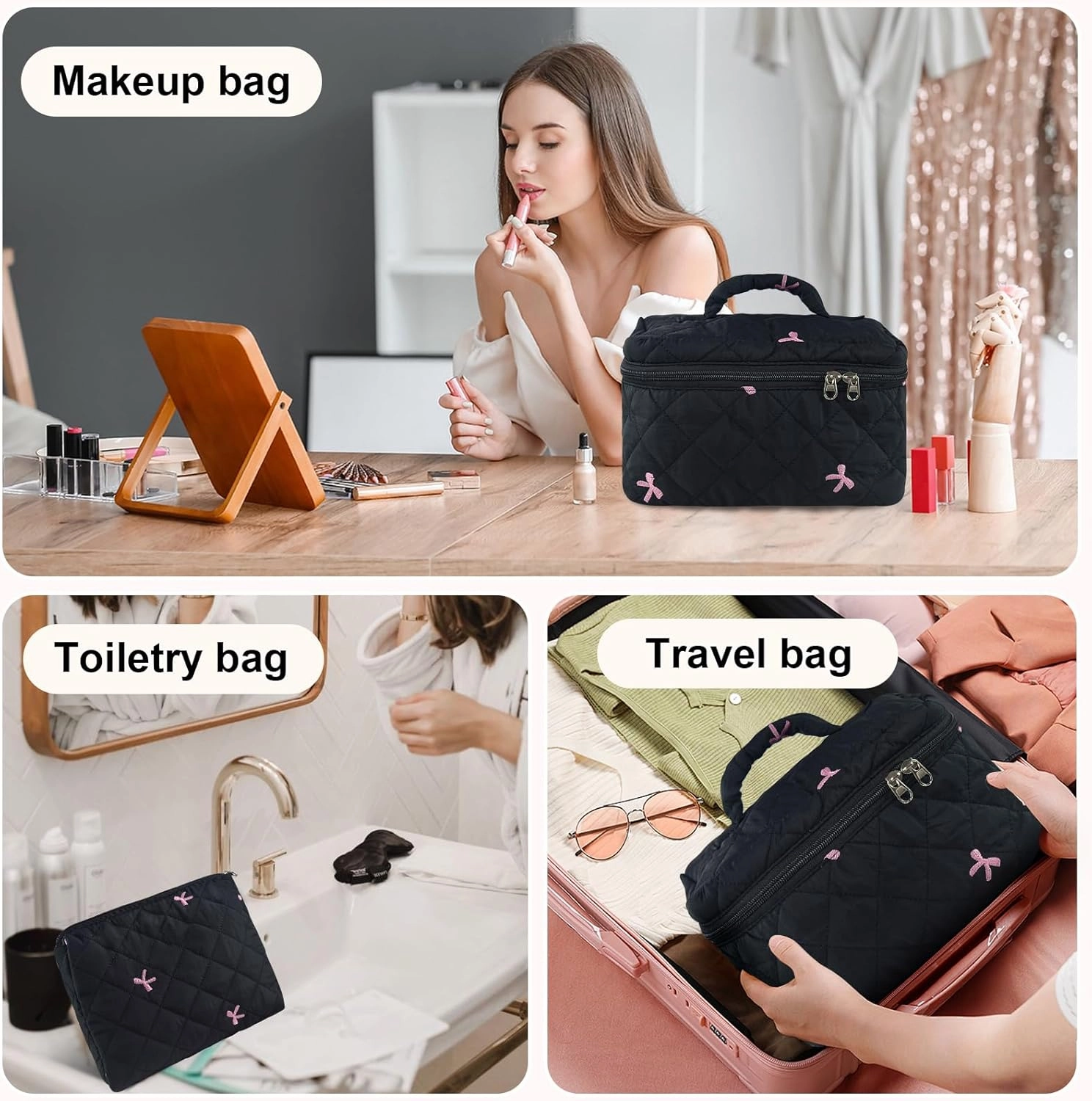Travel Makeup Bags, Cute Bow Cosmetic Organizer Bag, 4-Set Large Capacity Make up Bag Quilted Toiletry Bag for Women Girls