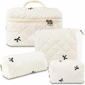 Travel Makeup Bags, Cute Bow Cosmetic Organizer Bag, 4-Set Large Capacity Make up Bag Quilted Toiletry Bag for Women Girls