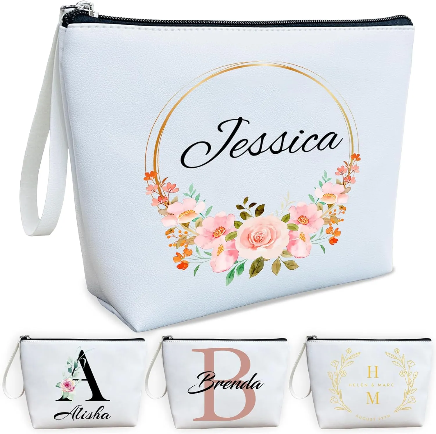 ubmpj Personalized Makeup Bag PU Leather Waterproof Custom Monogrammed Cosmetic Bag with Inner Pocket Gift for Wedding Birthday Christmas Bride Bridesmaid Friends