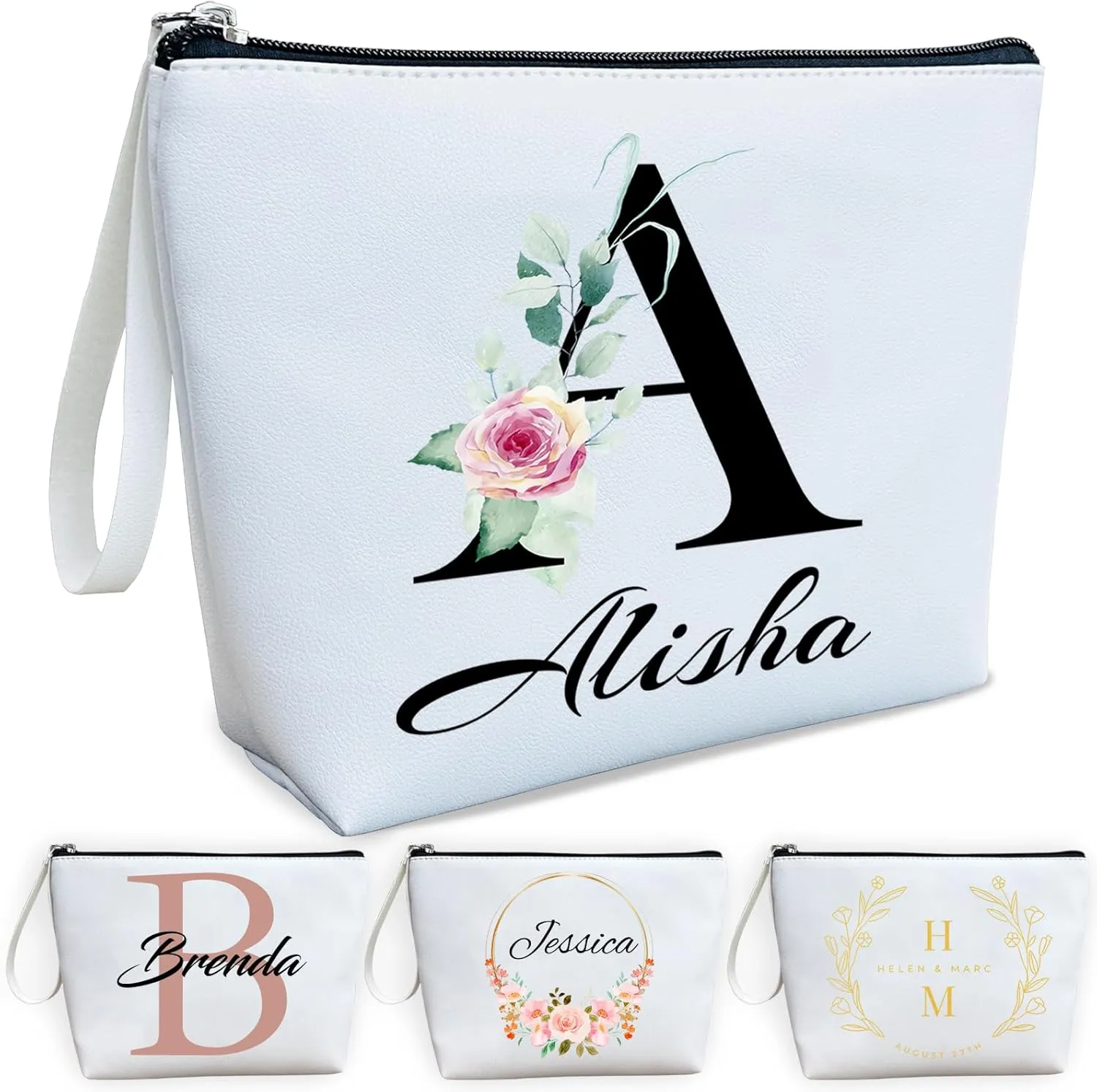 ubmpj Personalized Makeup Bag PU Leather Waterproof Custom Monogrammed Cosmetic Bag with Inner Pocket Gift for Wedding Birthday Christmas Bride Bridesmaid Friends