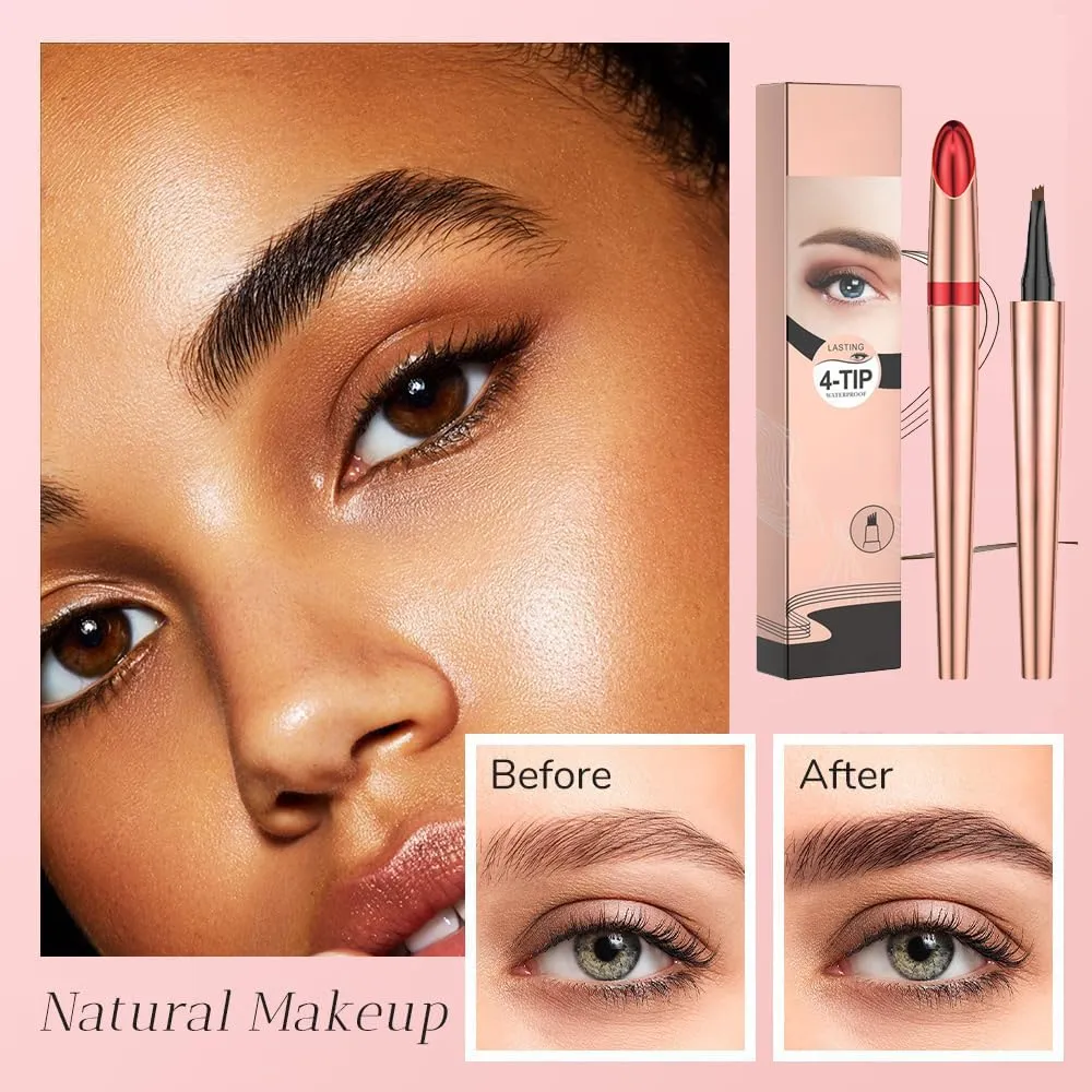 Upgrade Microblading Eyebrow Pencil, 3D Waterproof 4-Tip Eyebrow Pen, Natural Makeup Long-Lasting Fine Stroke Magic Eyebrow Pencil Stay on All Day (Dark Brown)