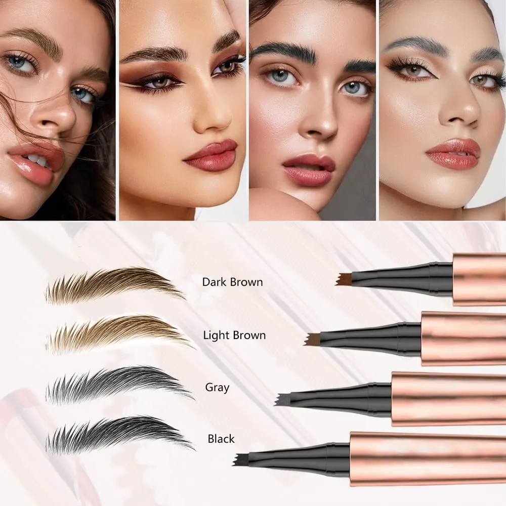 Upgrade Microblading Eyebrow Pencil, 3D Waterproof 4-Tip Eyebrow Pen, Natural Makeup Long-Lasting Fine Stroke Magic Eyebrow Pencil Stay on All Day (Dark Brown)