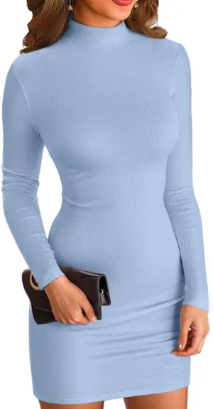 VICHYIE Women Mock Neck Ribbed Bodycon Dress Long Sleeve Mini Pencil Dresses